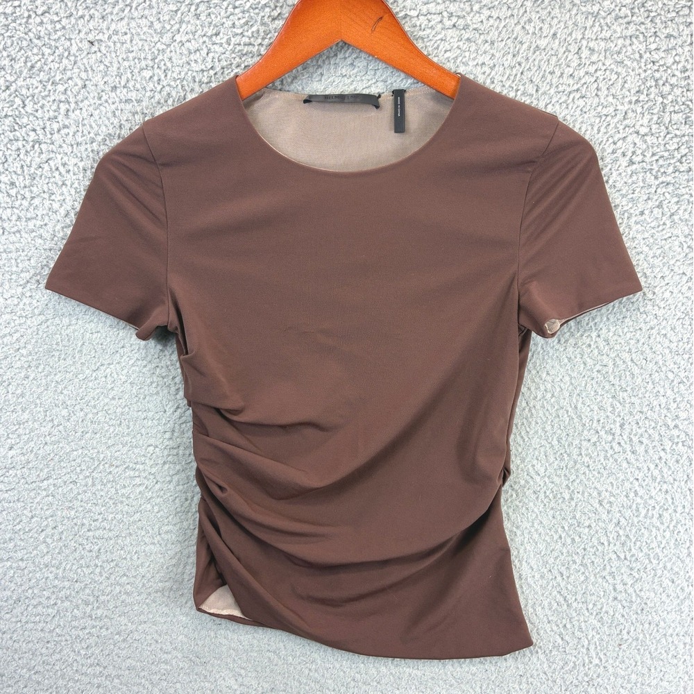 Helmut Lang Draped Short Sleeve Top Womens XS Brown Minimalist Contemporary